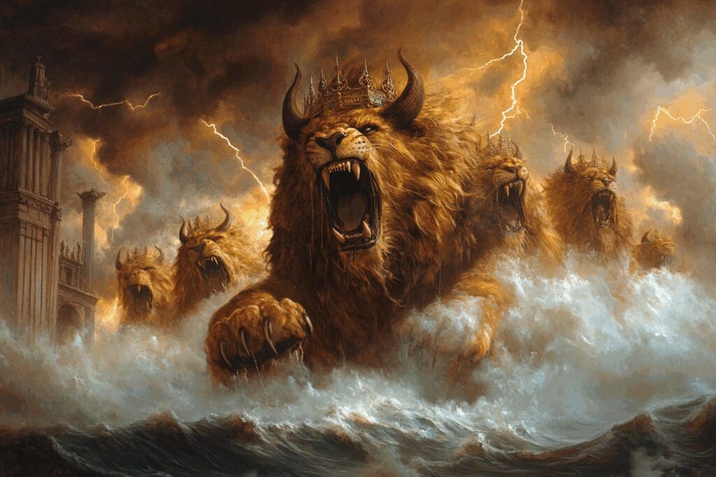 A terrifying multi-headed lion-like beast with crowns and horns emerges from a stormy sea beneath a sky filled with lightning, symbolizing the apocalyptic vision from Revelation 13.