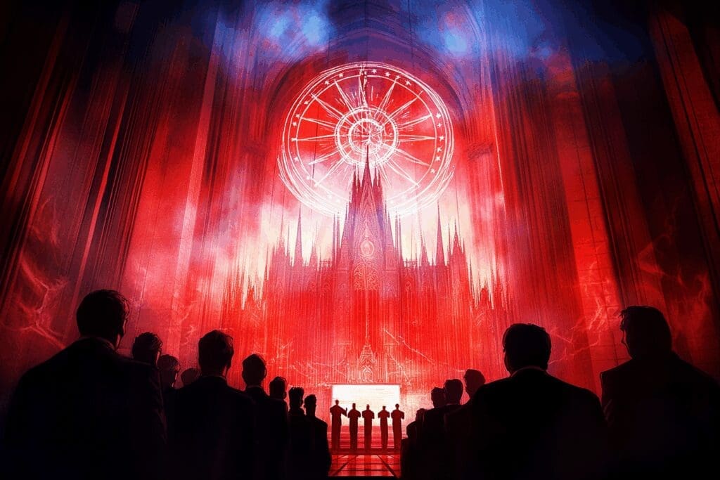 A cathedral bathed in red light with a glowing sigil above the altar, surrounded by dark-suited figures witnessing a solemn, authoritative event, symbolizing religious-political unification.