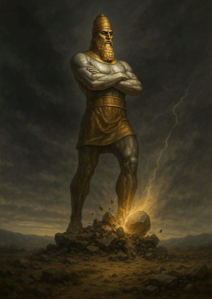 A dramatic painting of the biblical statue from King Nebuchadnezzar's dream in the Book of Daniel, with a stone striking its feet, causing it to crumble.