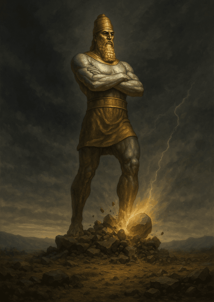A dramatic painting of the biblical statue from King Nebuchadnezzar's dream in the Book of Daniel, with a stone striking its feet, causing it to crumble.