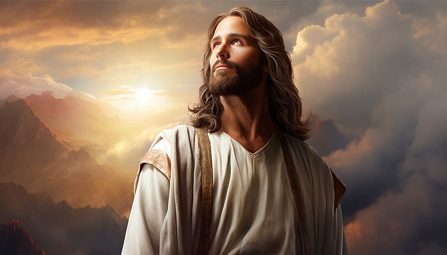Jesus in a white robe with golden accents stands in front of a dramatic mountain landscape with a glowing sunset sky.