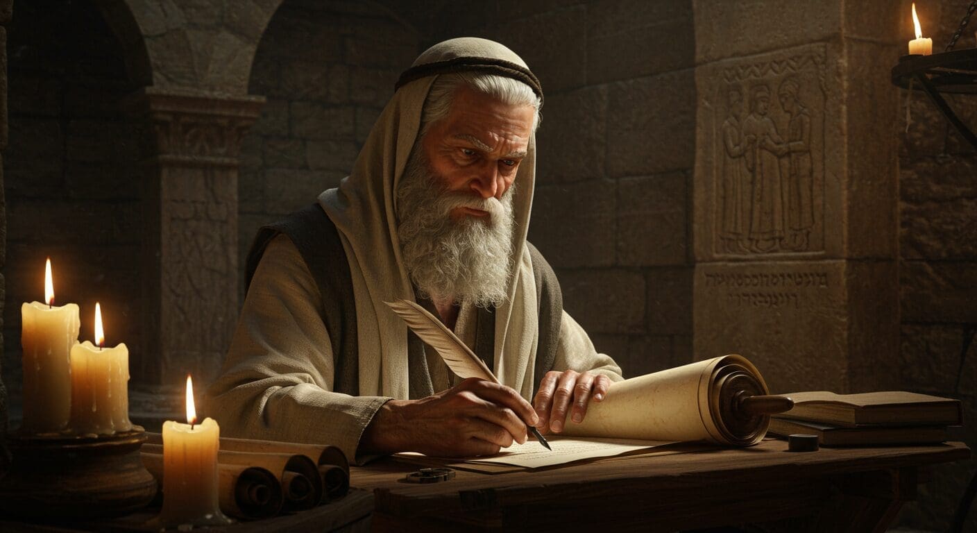 Isaiah the prophet writing by candlelight with a vision of the crucified Messiah glowing behind him