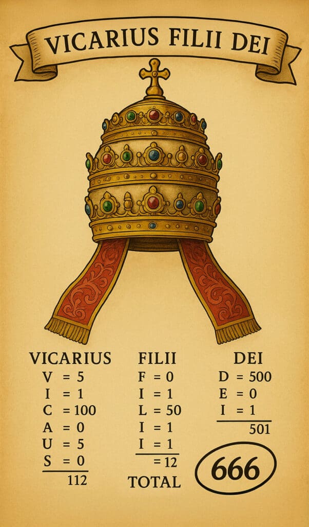 Crown labeled “VICARIUS FILII DEI” symbolizing the number 666 in Roman numerals, associated with biblical prophecy
