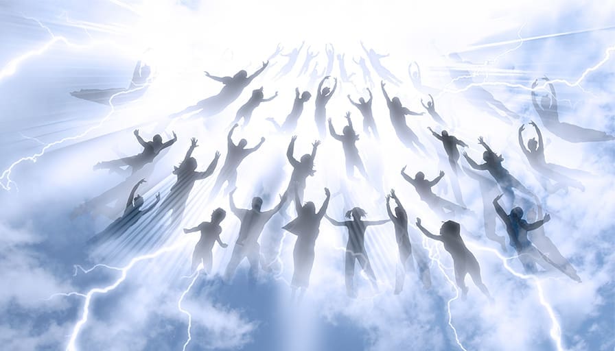 Silhouetted figures rise upward through glowing clouds and bright heavenly light, symbolizing people being caught up into the sky during the Rapture.