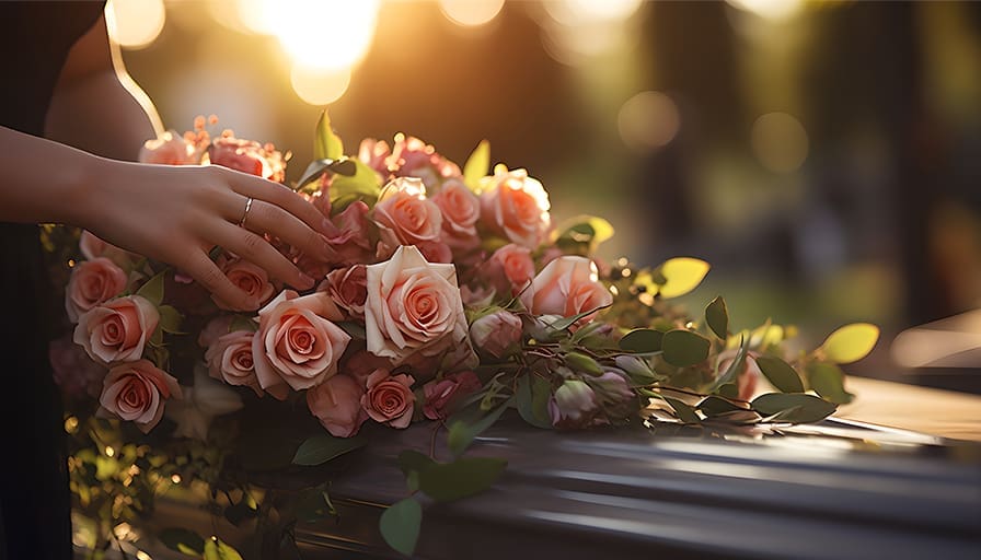 A hand gently arranges a bouquet of soft pink roses on a casket at sunset, symbolizing love, loss, and the longing to connect with someone who has passed away.