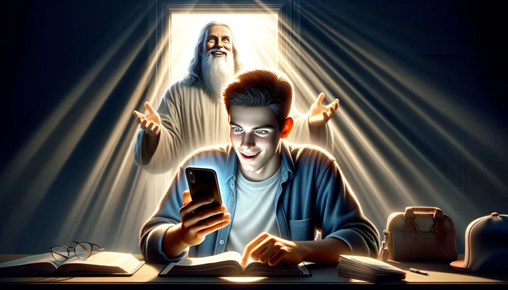 A young man studies the Bible at a desk while looking at his phone, illuminated by warm light, as a radiant, heavenly figure stands behind him with open arms.