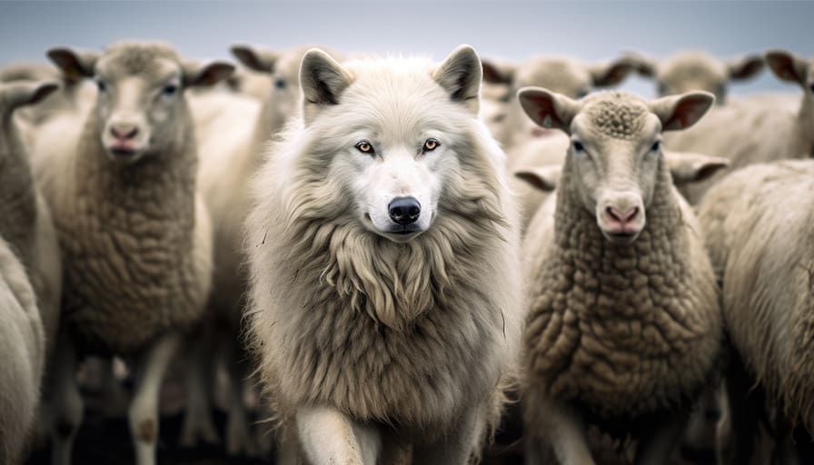 A wolf disguised among a flock of sheep, symbolizing deception and hidden danger.