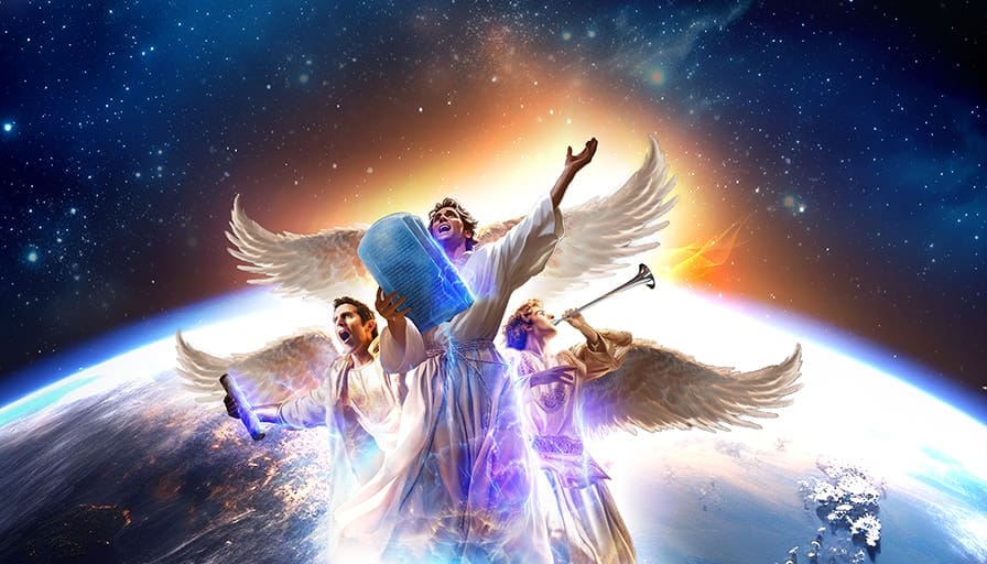 Three radiant angels with glowing scrolls and trumpets emerging above the Earth with bright cosmic light behind them.
