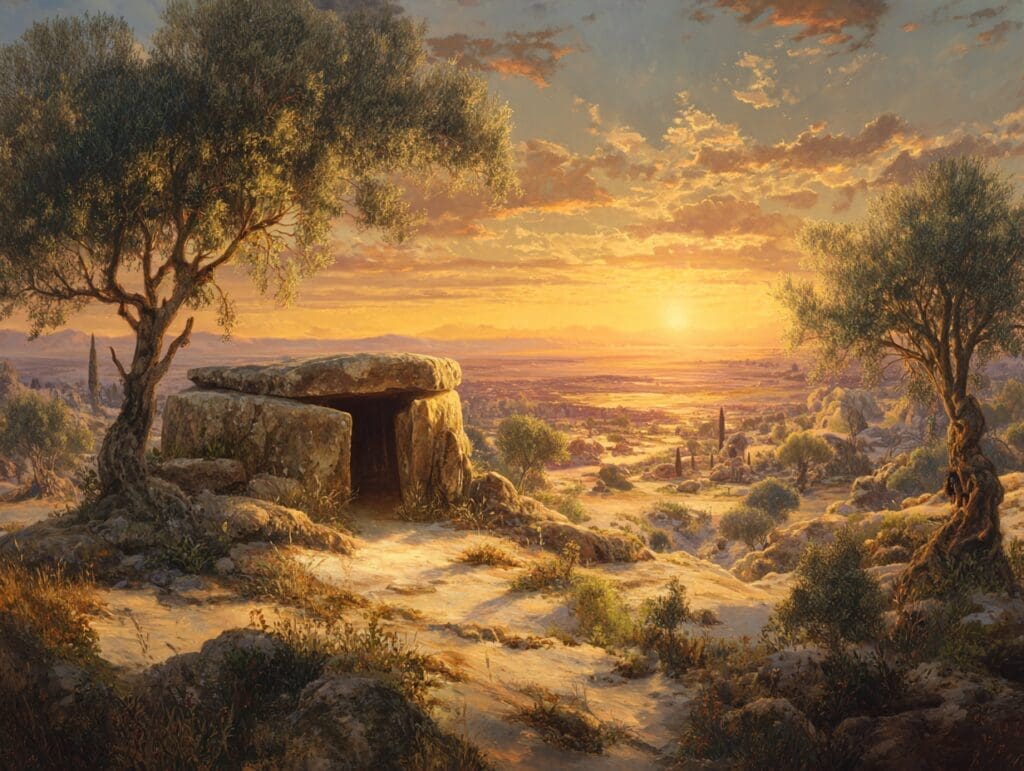 Ancient stone tomb in a sunlit desert landscape at sunrise, surrounded by olive trees and overlooking a distant valley.